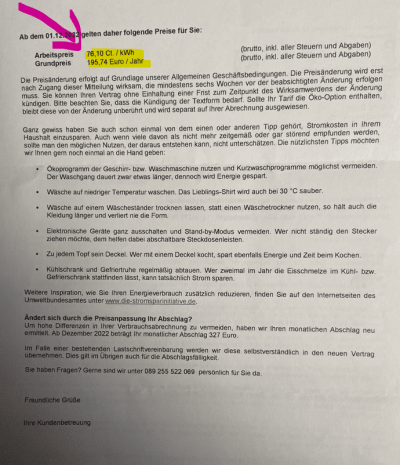Mivolta erhöht den Arbeitspreis zum 01.12.2022 auf 76,10 Cent/kWh.