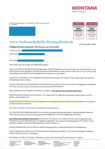 Montana Preiserhöhung +127% auf Arbeitspreis