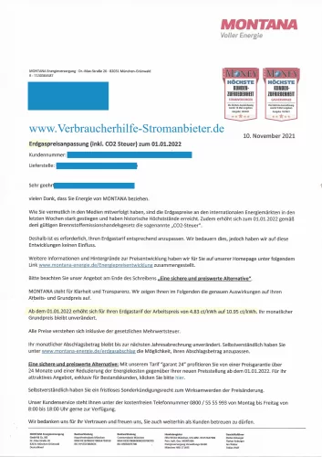 Montana Preiserhöhung +127% auf Arbeitspreis