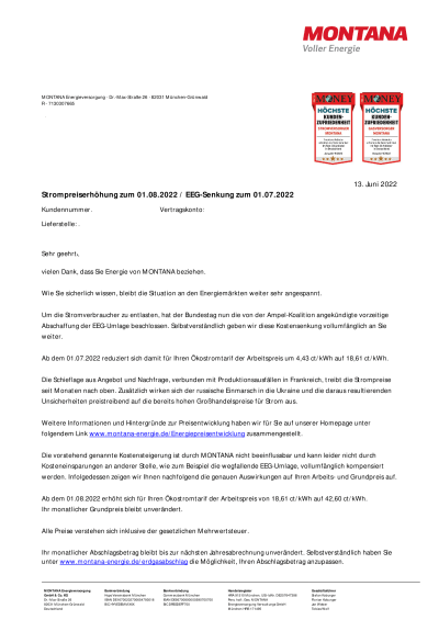 Preiserhöhung zum 1.8. auf 42,60 Cent