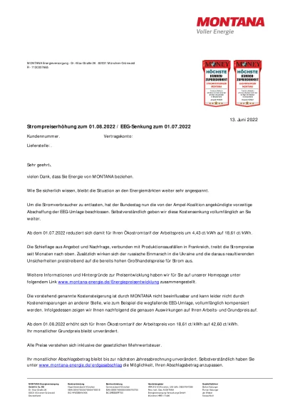 Preiserhöhung zum 1.8. auf 42,60 Cent