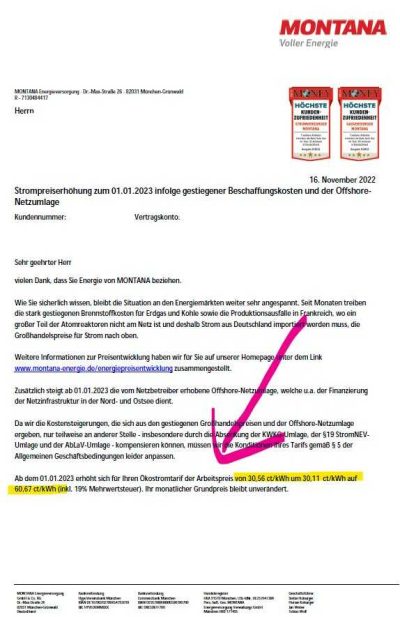 Montana Preiserhöhung 2023 Strom