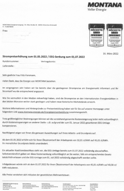 Montana Preiserhöhung Strom 2022