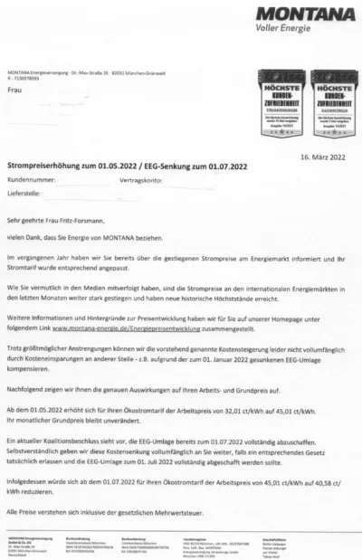 Montana Preiserhöhung Strom 2022