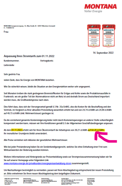 Montana Preiserhöhung