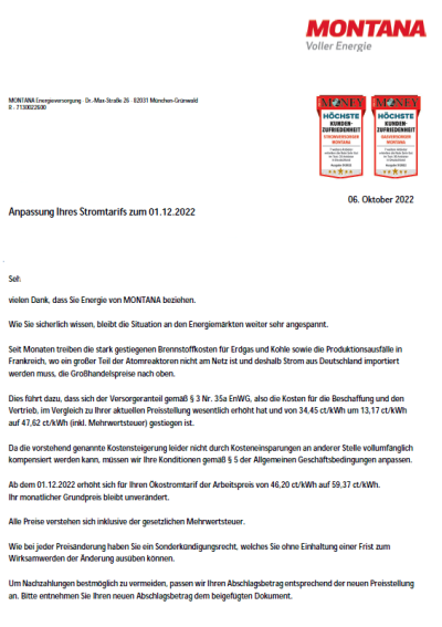 Montana Preiserhöhung