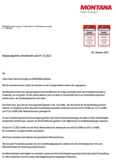 Montana Preiserhöhung