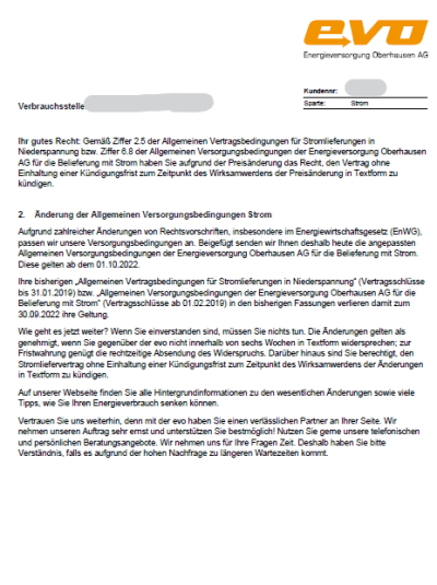 Preiserhöhung EVO - Energieversorgung Oberhausen AG - Sonderkündigung