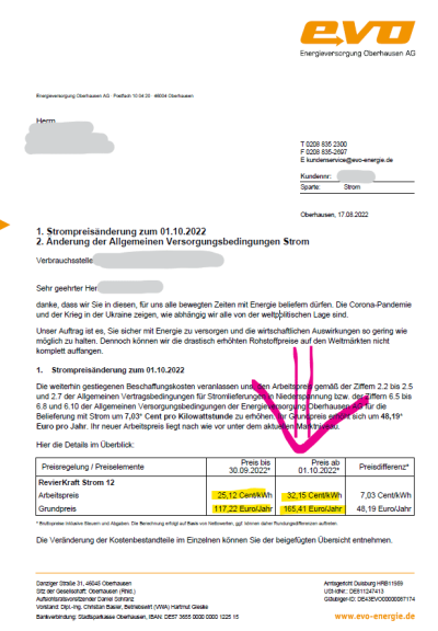 Preiserhöhung EVO - Energieversorgung Oberhausen AG