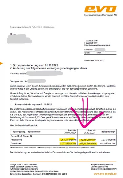 Preiserhöhung EVO - Energieversorgung Oberhausen AG