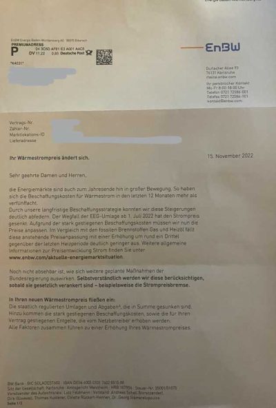 Preiserhöhung EnBW Wärmepumpe