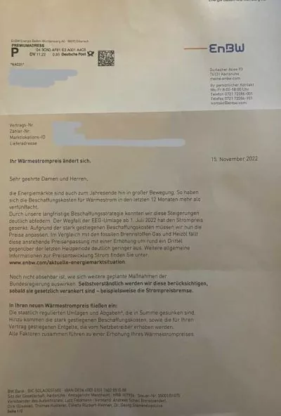 Preiserhöhung EnBW Wärmepumpe