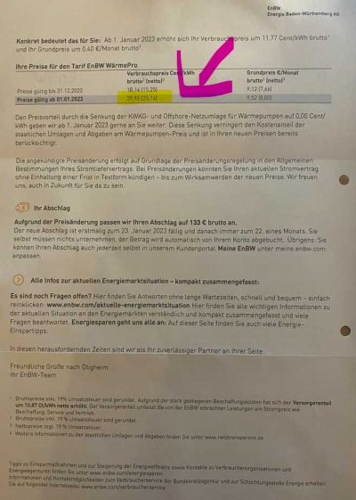 Preiserhöhung EnBW Wärmepumpe