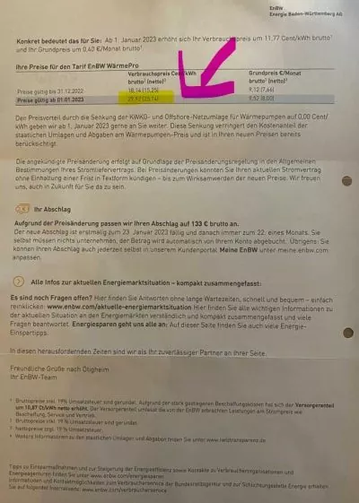 Preiserhöhung EnBW Wärmepumpe