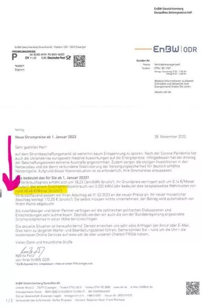 Preiserhöhung EnbW Strom