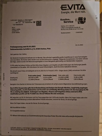 Preiserhöhung Gas E.Vita auf 41,6 Cent