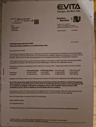 Preiserhöhung Gas E.Vita auf 41,6 Cent