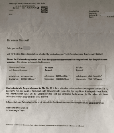 Preiserhöhung Gas Voxenergie auf 45 Cent