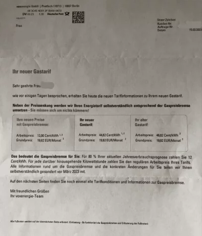 Preiserhöhung Gas Voxenergie auf 45 Cent