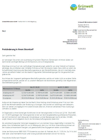 Preiserhöhung Grünwelt Energie Wärmestrom GmbH 2022