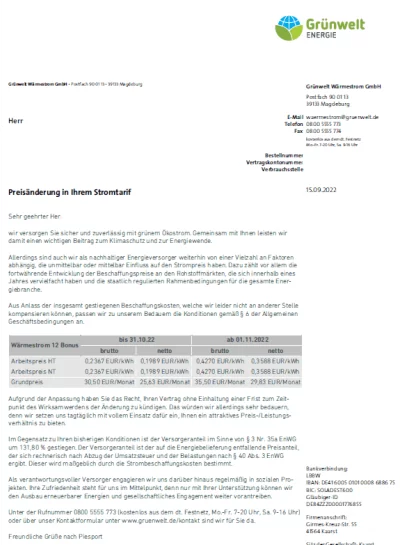 Preiserhöhung Grünwelt Energie Wärmestrom GmbH 2022
