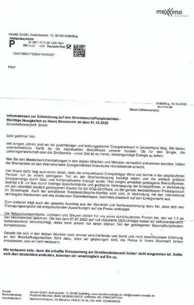 Preiserhöhung Maxximo Energie