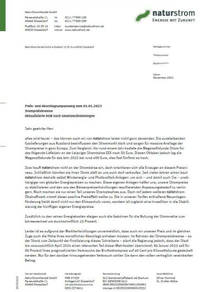 Preiserhöhung NaturStrom Handel GmbH