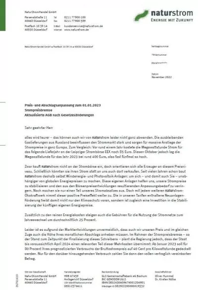 Preiserhöhung NaturStrom Handel GmbH