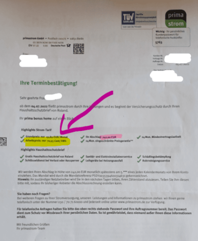 Preiserhöhung Primastrom in Auftragsbestätigung