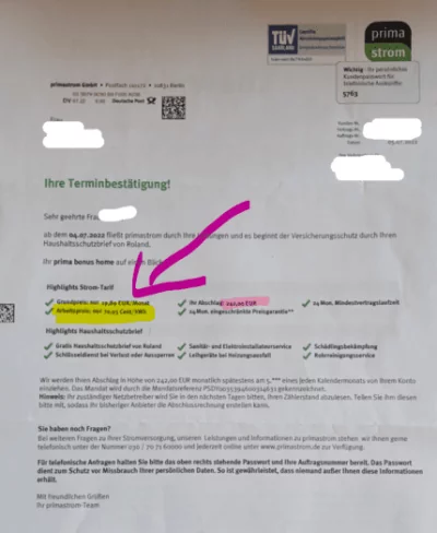 Preiserhöhung Primastrom in Auftragsbestätigung