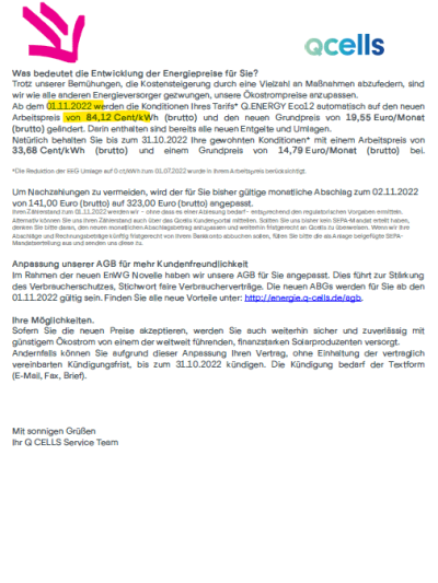 Preiserhöhung QCells auf 84 Cent