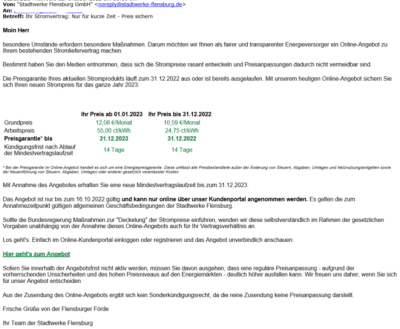 Preiserhöhung Stadtwerke Flensburg