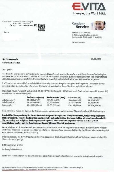 Preiserhöhung Strom E.Vita auf 107 Cent