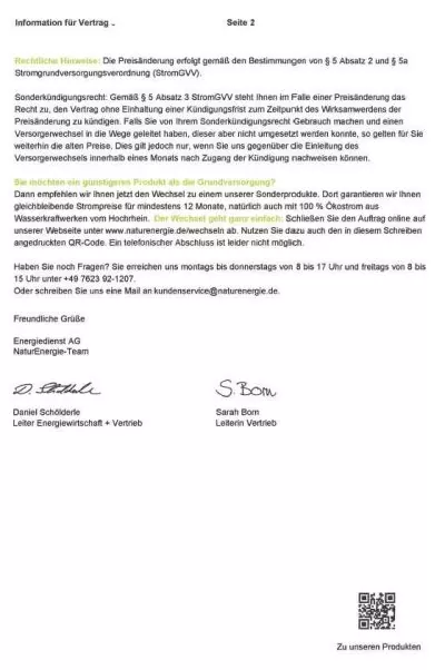 Preiserhöhung Strom NaturEnergie von Energiedienst