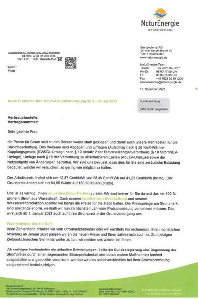 Preiserhöhung Strom NaturEnergie von Energiedienst
