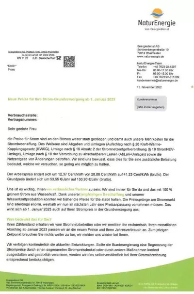 Preiserhöhung Strom NaturEnergie von Energiedienst