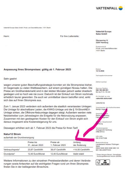 Preiserhöhung Vattenfall 2023 Strom