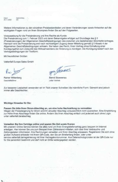 Preiserhöhung Vattenfall Strom 2023
