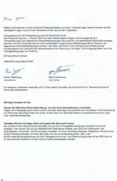 Preiserhöhung Vattenfall Strom 2023