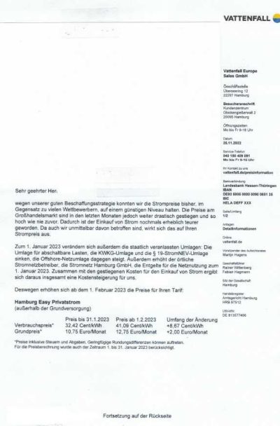 Preiserhöhung Vattenfall Strom