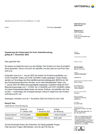 Preiserhöhung Vattenfall