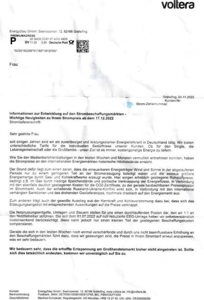 Preiserhöhung Voltera Energy2day