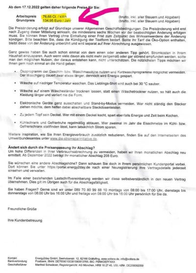 Preiserhöhung Voltera Energy2day strom