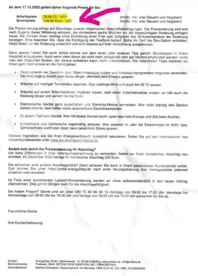 Preiserhöhung Voltera Energy2day strom