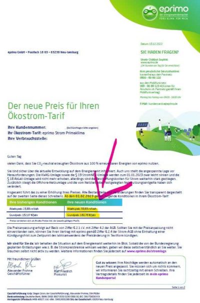 Preiserhöhung eprimo Strom 2023