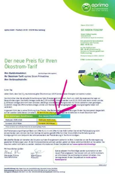 Preiserhöhung eprimo Strom 2023