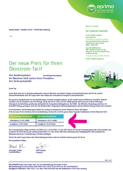 Preiserhöhung eprimo Strom
