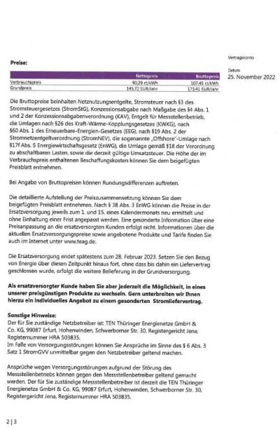 Preiserhöhung teag Ersatzversorgung auf 107 Cent