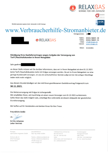 RELAXGAS - Kündigung Ihres Gasliefervertrages wegen Aufgabe der Versorgung von Tarif-Haushaltskunden in Ihrem Netzgebiet