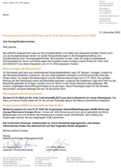 Rhenag Preiserhöhung Strom 2023
